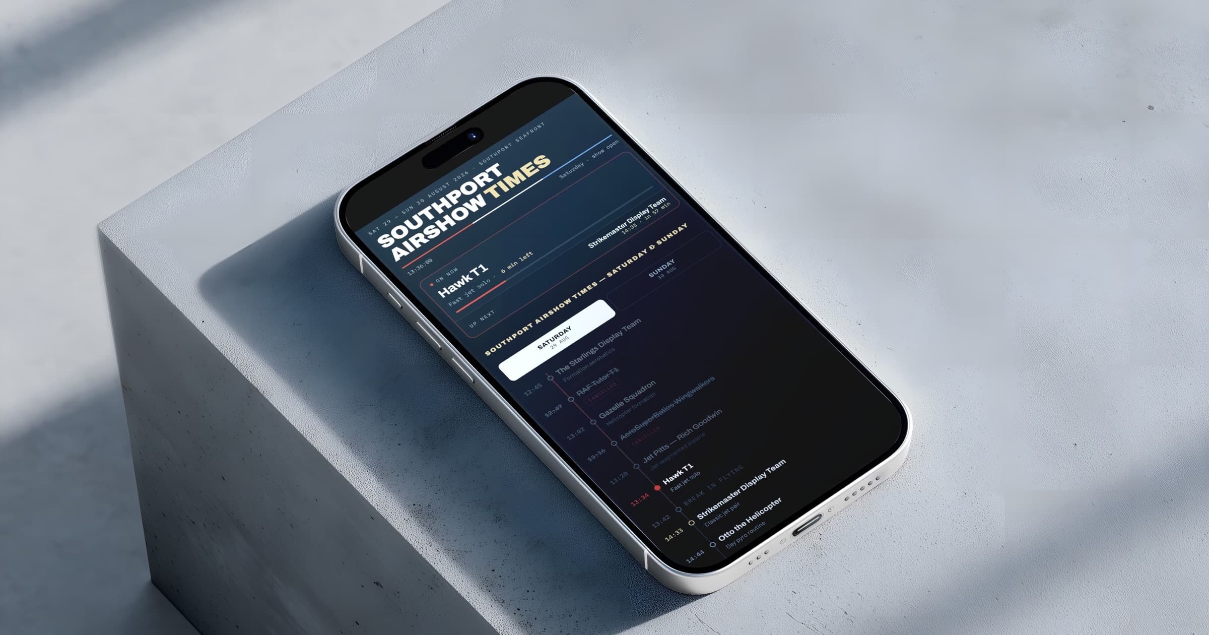 Southport Air Show Times app open on an iPhone